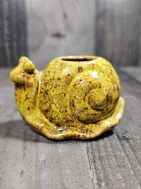Yellow Glazed Snail Small Ceramic Toothpick Holder Decor Kitsch Vintage Retro